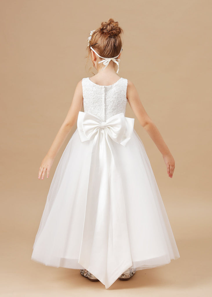Cute Sleeveless Applique Tulle Flower Girl Dress With Bownot FL0023