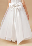Cute Sleeveless Applique Tulle Flower Girl Dress With Bownot FL0023