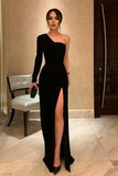 Black Chiffon Long Sleeve One Shoulder Floor Length Prom Dress PD056