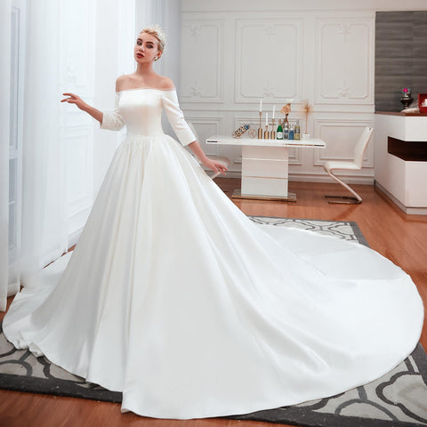 Strapless A-line Long Sleeves Satin Wedding Dress With Training