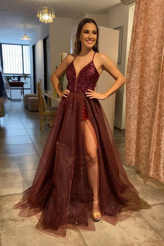 Burgundy Tulle Spaghetti Straps A Line Long Prom Dress With Split