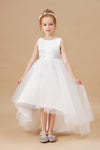 Chic High Low Sleeveless Applique Tulle Stain Flower Girl Dress With Bownet FL0025