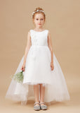 Chic High Low Sleeveless Applique Tulle Stain Flower Girl Dress With Bownet FL0025