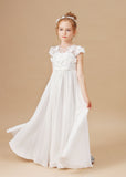 A-line Ivory Chiffon Appliques Long Flower Girl Dress FL0027