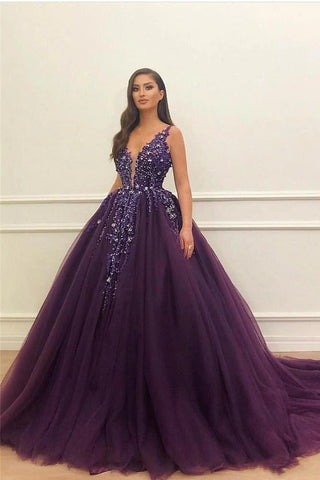 Grape Floor-length Elegant Tulle V-neck Ball Gown Prom Dress