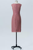 Dusty Rose Sheath Knee Length V Neck Capped Sleeve Lace Appliques Cheap Bridesmaid Dress OB134