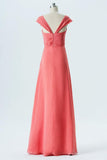Dusty Coral A Line Floor Length Sweetheart Capped Sleeve Open Back Cheap Bridesmaid Dress B136