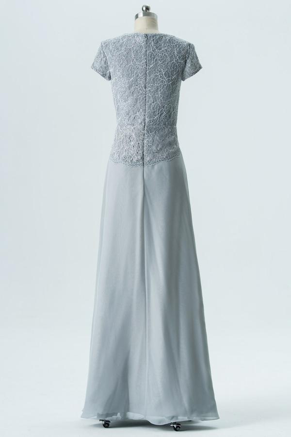 Storm Grey A Line Floor Length Capped Sleeve Lace Appliques Cheap Bridesmaid Dress B191