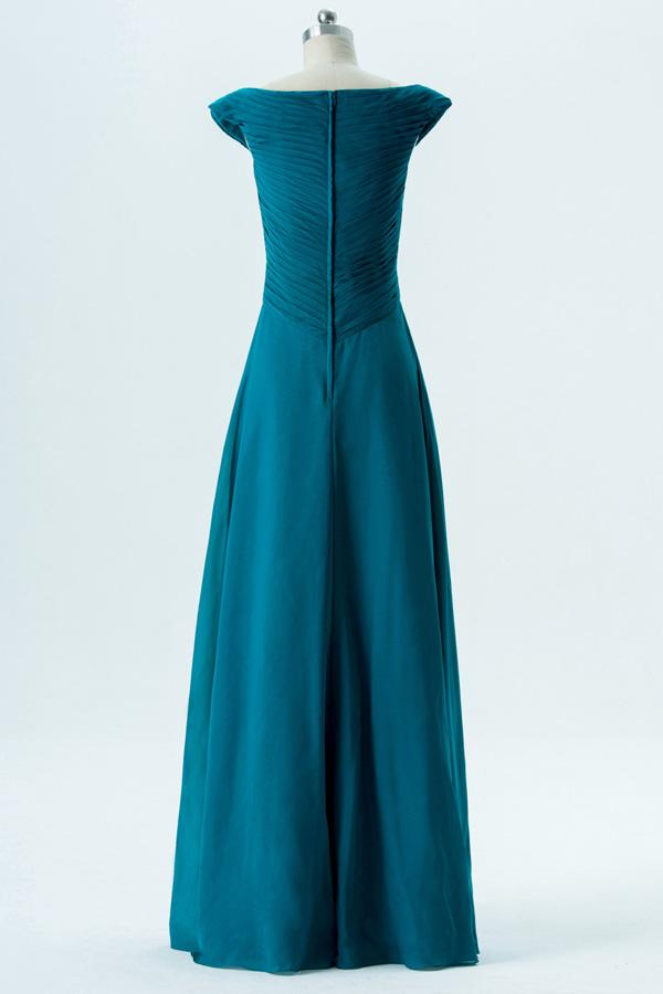Winter Teal A Line Floor Length Capped Sleeve Chiffon Cheap Bridesmaid Dresses B145 - Ombreprom