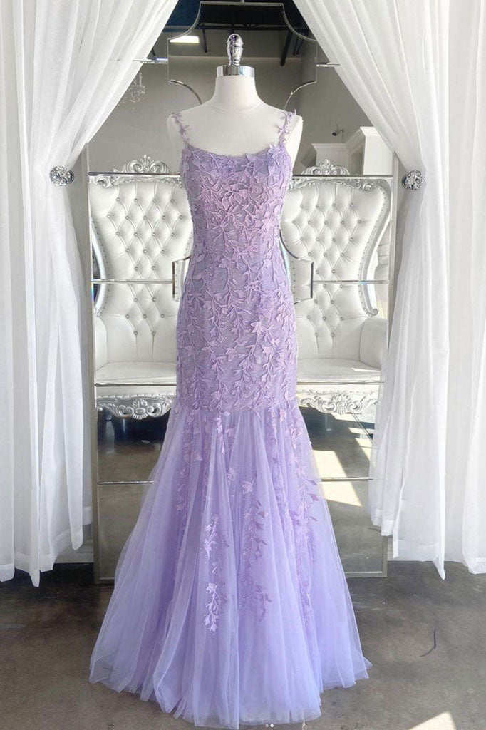Lilac Lace Tulle Spaghetti Straps Long Evening Dress Mermaid Appliques Prom Dress