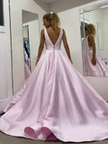 Light Pink V Neck Ball Gown Satin Long Lace Appliques Evening Dress Prom Dress