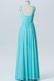 Pool Blue A Line Floor Length Curve Neck Mid Back Cheap Bridesmaid Dresses B196 - Ombreprom