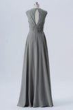 Steel Grey A Line Floor Length Sweetheart Capped Sleeve Lace Appliques Cheap Bridesmaid Dress B155