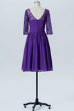Royal Purple A Line Knee Length Sheer Neck 3/4 Sleeve V Back Cheap Bridesmaid Dresses B173 - Ombreprom