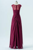 Burgundy A Line Floor Length V Neck Capped Sleeve Sheer Back Cheap Bridesmaid Dresses B159 - Ombreprom