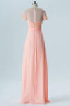 Peach Sherbet A Line Floor Length Sheer Nack Short Sleeve Open Back Cheap Bridesmaid Dresses B183 - Ombreprom