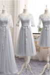 Gray A Line Sheer Neck Half Sleeve Appliques Cheap Bridesmaid Dresses 