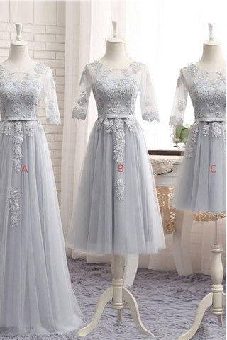Gray A Line Sheer Neck Half Sleeve Appliques Cheap Bridesmaid Dresses 