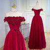 Red A Line Floor Length Off Shoulder Lace Up Appliques Cheap Bridesmaid Dress B247 - Ombreprom