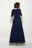 Dark Navy A Line V Neck Ankle Length Half Sleeve Chiffon Mother of the Bride Dresses M33 - Ombreprom