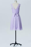 Pastel Lilac A Line Knee Length Sheer Neck Capped Sleeve Bowknot Cheap Bridesmaid Dresses B175 - Ombreprom
