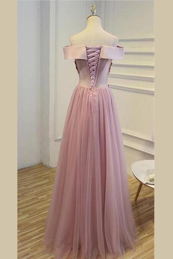 Pink A Line Floor Length Off Shoulder Lace Up Tulle Appliques Beading Cheap Bridesmaid Dress B249 - Ombreprom
