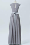 Grey A Line Floor Length Jewel Neck Capped Sleeve Bowknot Cheap Bridesmaid Dress B165