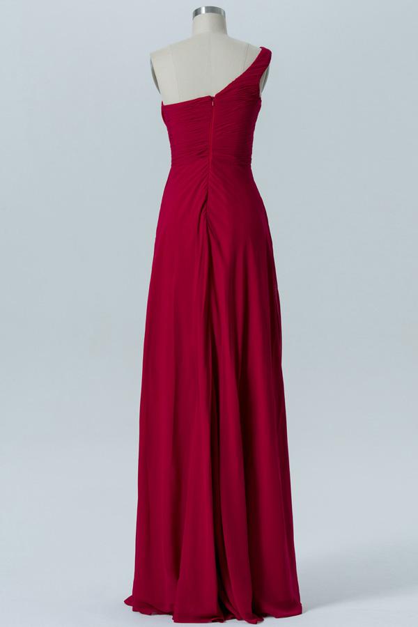 Deep Claret A Line Floor Length One Shoulder Sleeveless Open Back Cheap Bridesmaid Dresses B158 - Ombreprom