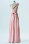 Soft Pink A Line Floor Length One Shoulder Sleeveless Open Back Cheap Bridesmaid Dress B160