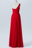 Red A Line Floor Length One Shoulder Sleeveless Open Back Cheap Bridesmaid Dresses B138 - Ombreprom