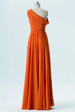 Mandarin Orange A Line Floor Length One Shoulder Sleeveless Chiffon Cheap Bridesmaid Dress B142