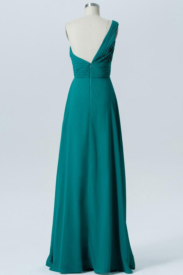 Peacock Green A Line Floor Length One Shoulder Open Back Cheap Bridesmaid Dresses B194 - Ombreprom