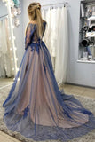 Purple Long Sleeves A-Line Tulle Appliques Formal Evening Dress Long Prom Dress