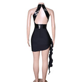 Sexy Black Halter Leather Open Back Short Homecoming Dress