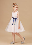 Lace Tulle Satin Flower Girl Dress With Bowknot Satin-Sash FL0031