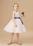 Lace Tulle Satin Flower Girl Dress With Bowknot Satin-Sash FL0031