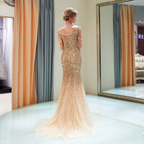 Off-the-shoulder Edging Train Mermaid Sequins Chiffon Beaded Prom Dresses