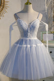 Sky Blue Spaghetti Straps Tulle Short Prom Dress Short Homecoming Dress