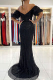 Off the Shoulder Black Mermaid Sequined Split Formal Evening Dress Long Prom Dress