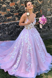 A Line Lace Appliques Gorgeous Backless Evening Dress Tulle Long Prom Dress