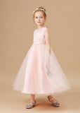 Applique Tulle Crepe Satin Flower Girl Dress With Bowknot FL0034