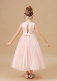 Applique Tulle Crepe Satin Flower Girl Dress With Bowknot FL0034