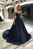 Dark Blue Spaghetti Straps Long Princess Sweetheart Satin Prom Dress With Lace Top