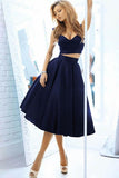 Navy Blue Two Pieces Off The Shoulder Short Homecoming Dresses  - Bohogown