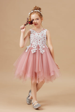 Applique Tulle Chic Asymmetrical Sleeveless Flower Girl Dress FL0035