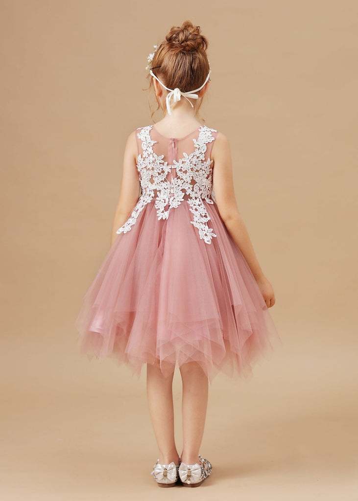Applique Tulle Chic Asymmetrical Sleeveless Flower Girl Dress FL0035