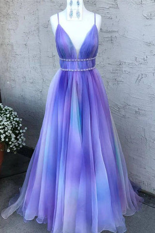 Purple A Line Beading Belt Chiffon Spaghetti Strap V-neck Prom Dress