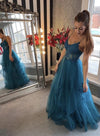 A Line Blue Tulle Lace Long Prom Dress Appliques Formal Evening Dress