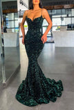 Dark Green Sequins Spaghetti Straps V Neck Mermaid Prom Dress PD0195