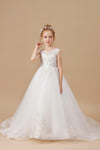 Ivory Sleevelesss Applique Multi-Layer Tulle Flower Girl Dress With Sweep Trailing FL0038